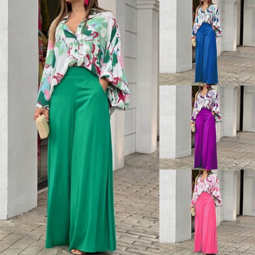 Loose Casual Printed Shirt Top Wide Leg Pants Two Piece Set