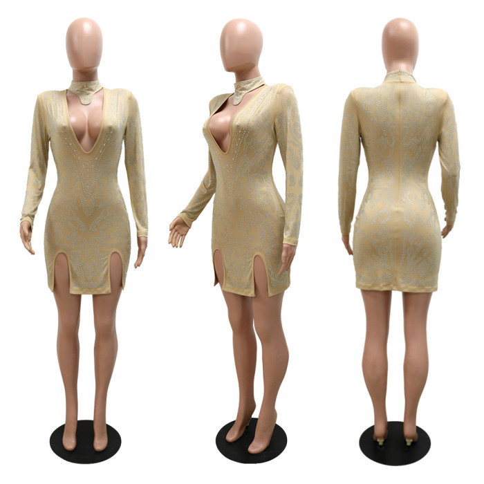 Nude Sexy Turtleneck Full Sleeves Solid Diamonds Mini Asymmetrical Club Dress