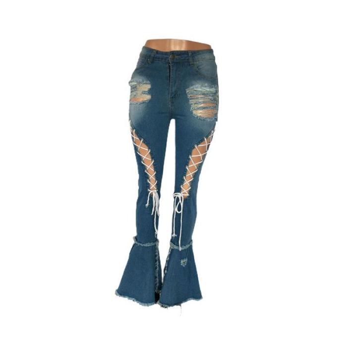 Lace Up Skinny Bell Bottoms Denim Jeans