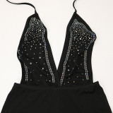 Sexy Lace-up V-neck Ppen Back Beaded Playsuit Tassels Skirt Two Piece Set