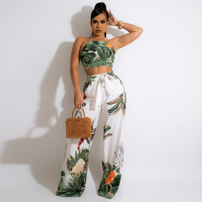 White Casual Strap Sleeveless High Waist Floral Print Belted Loose Two Piece Pants Set