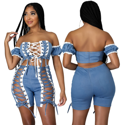 Blue Sexy Strapless Wrist Sleeves High Waist Lace Up Regular Two Piece Shorts Set