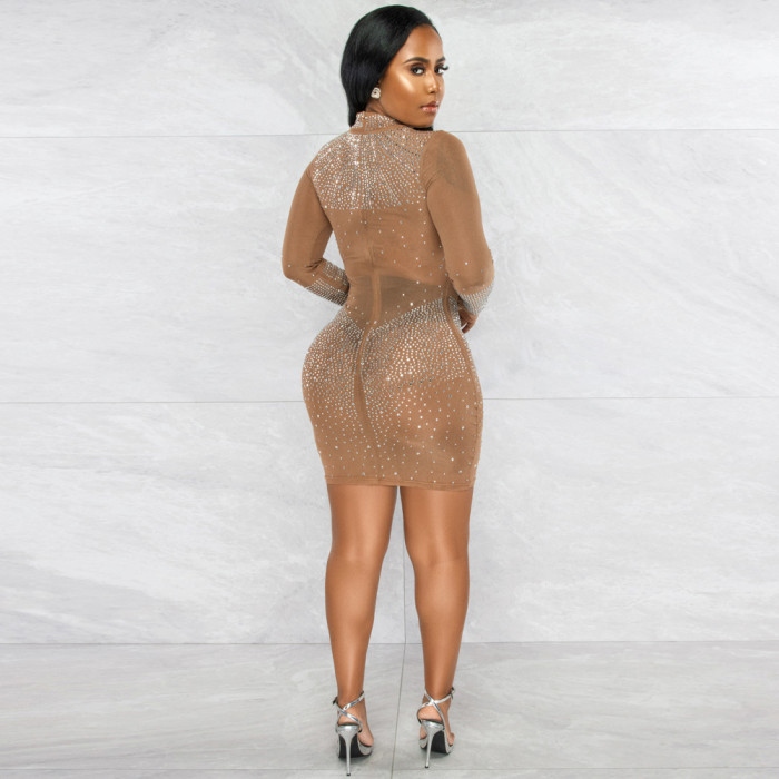 Sexy long-sleeved see-through beaded bodycon Slimming Dress Without Panties