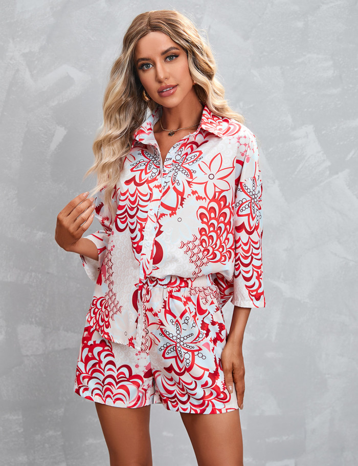 Printed 3 / 4 Sleeve Shorts Casual Suit
