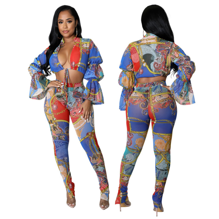 Blue Sexy V-neck Full Sleeves High Waist Printed Bow Regular Two Piece Pants Set