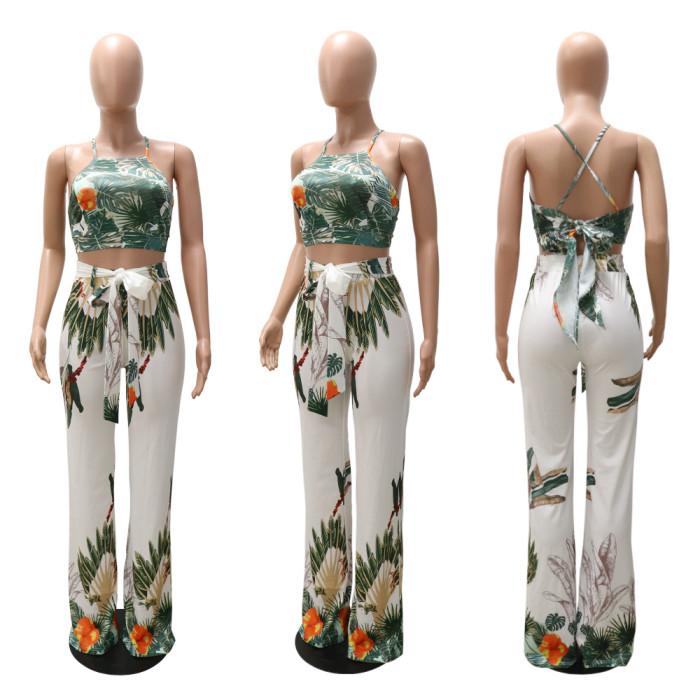 White Casual Strap Sleeveless High Waist Floral Print Belted Loose Two Piece Pants Set