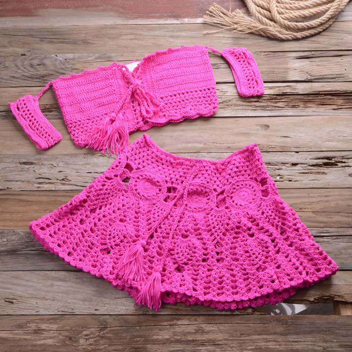 Crocheted Bikini Off Shoulder Top Skirt Set