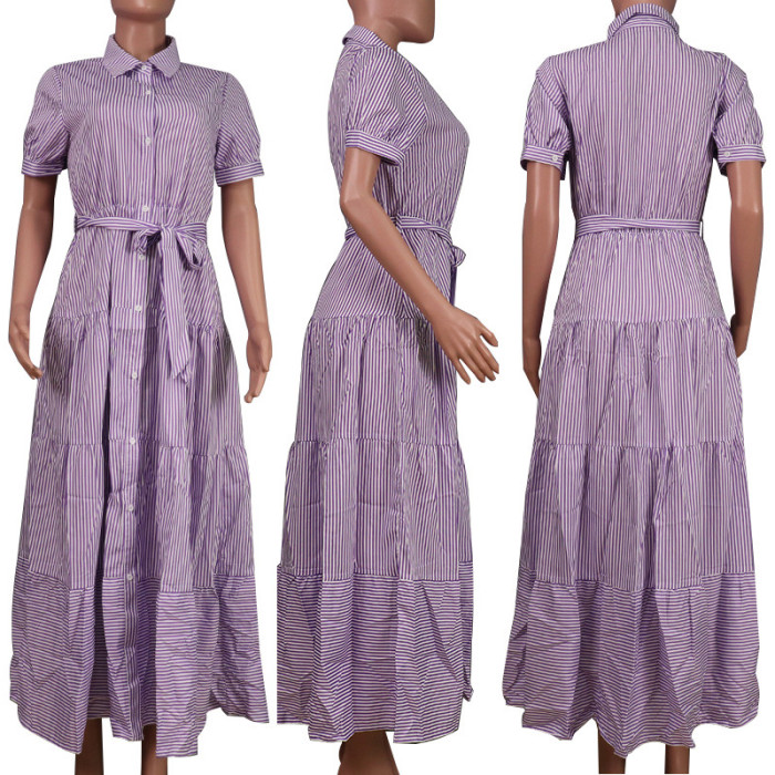 Fashion Stripe Short Sleeve Loose Mid Length Dress