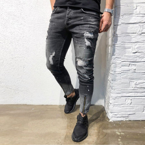 Men Ripped Ankle Zipper Elastic Slim Fit Skinny Jeans