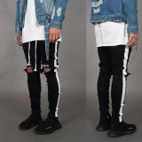 Men Ripped Side Ribbon Jeans