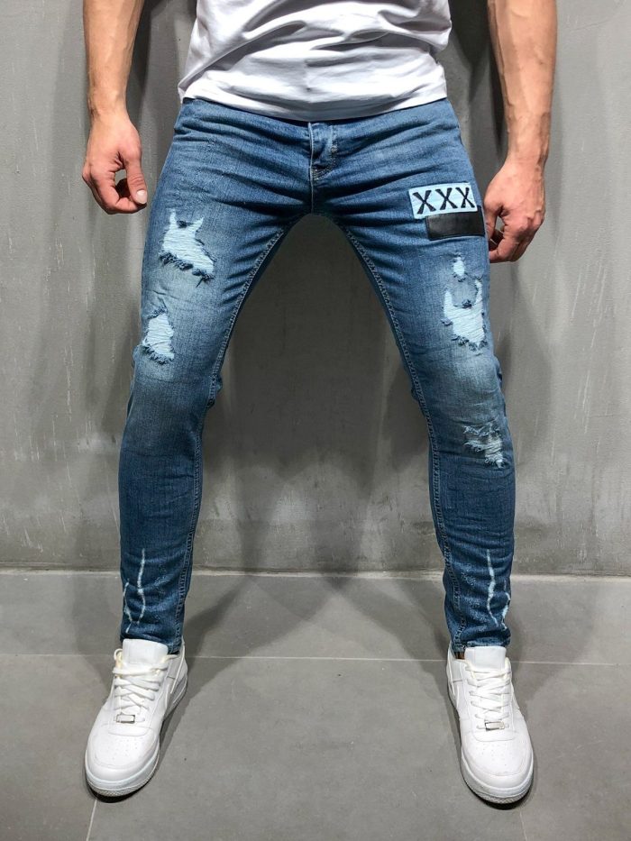 Men's Zipper Denim Pants Badge Ripped Jeans