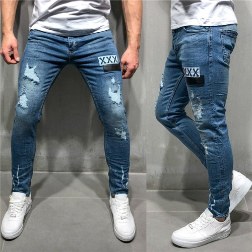Men's Zipper Denim Pants Badge Ripped Jeans