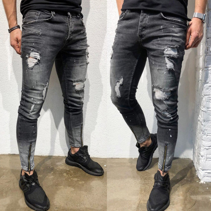 Men Ripped Ankle Zipper Elastic Slim Fit Skinny Jeans