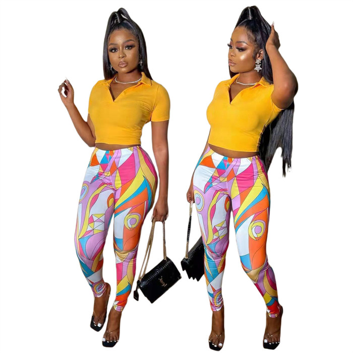 V-neck T-Shirt Top with Printed Pants Two Piece Set