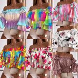 Casual Floral Pink Strapless Peplum Crop Top
