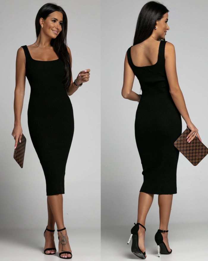Summer Simple Solid Color Sleeveless U-neck Bodycon Ribbed Dress