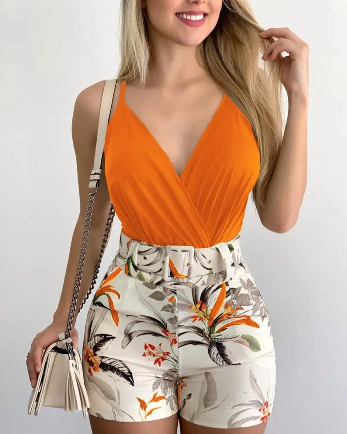 V Neck Bodysuit And Print Short 2 Piece Outfit With Belt