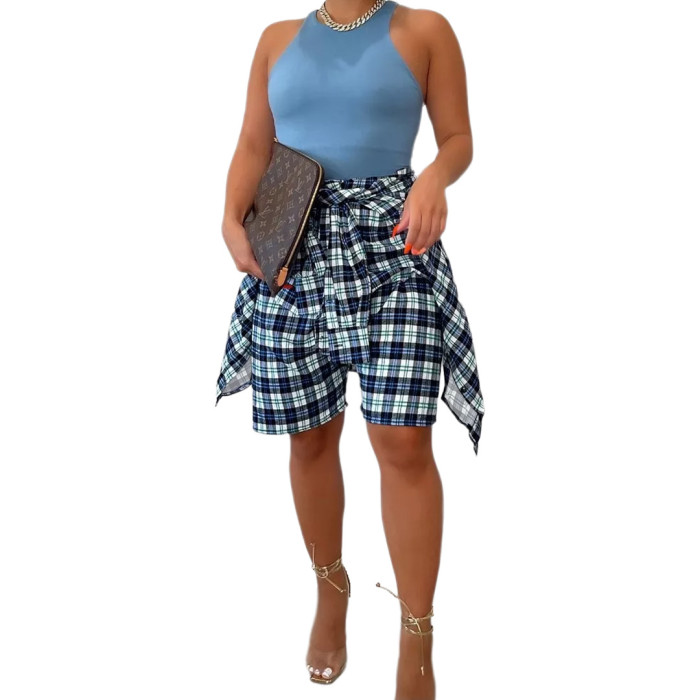 Nightclub Clothes Fashion Plaid Tie Sleeves Buttons Fake Two Piece Casual Pants