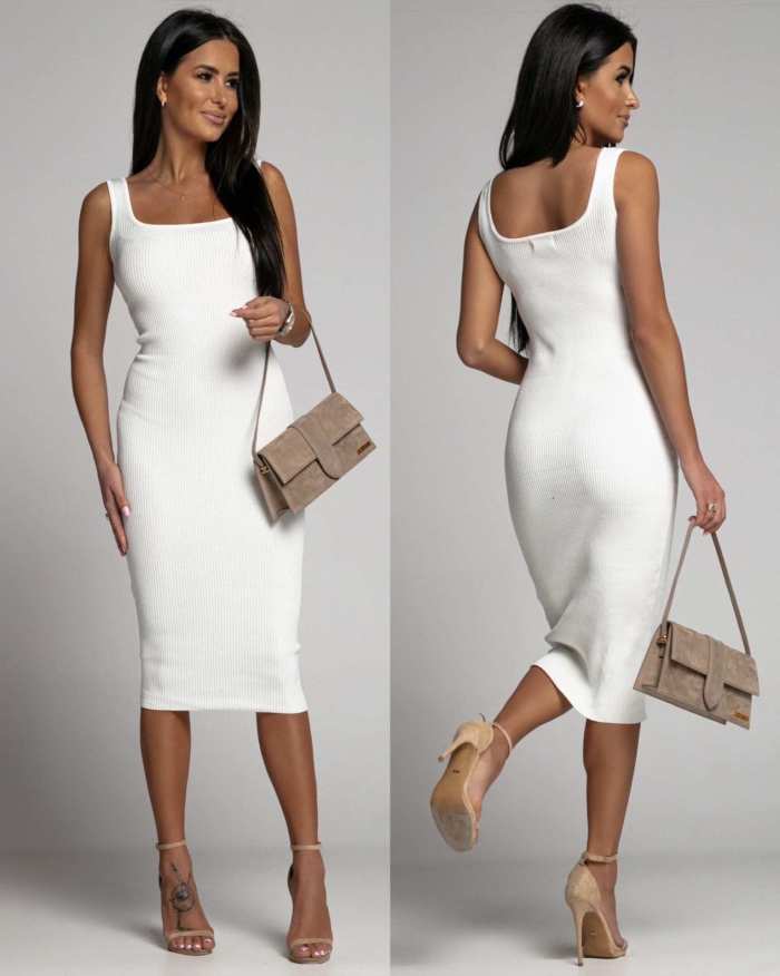Summer Simple Solid Color Sleeveless U-neck Bodycon Ribbed Dress