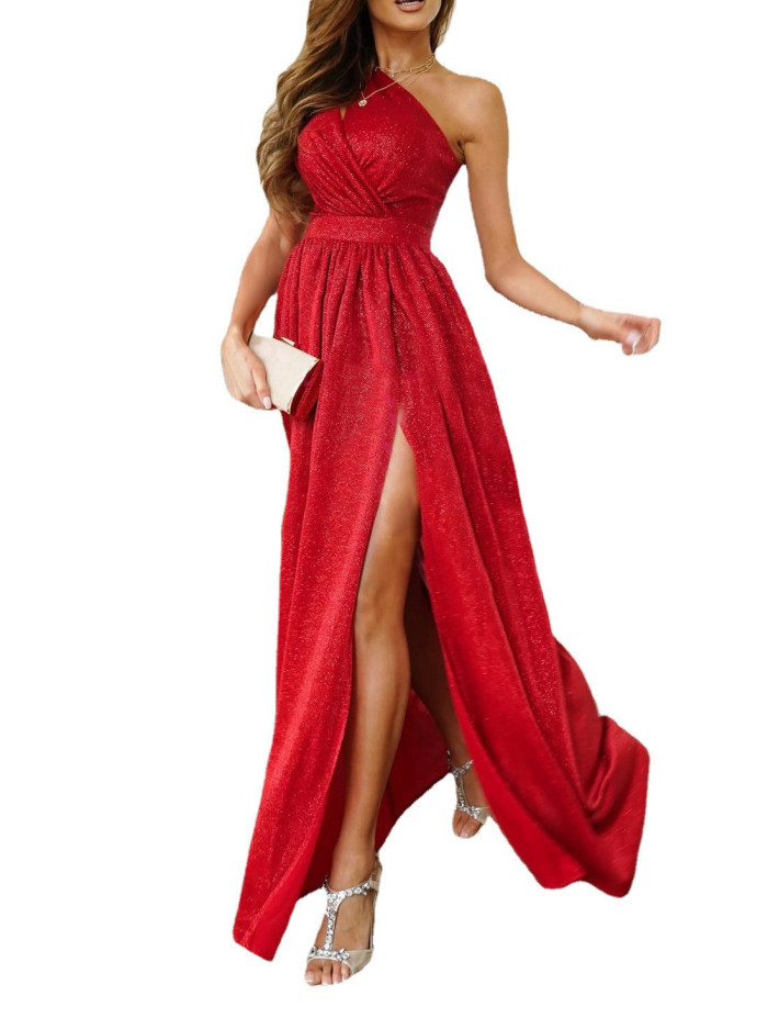 Summer Sleeveless Off-the-shoulder Hollow Halterneck Slit Long Dress