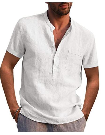 Men Linen Short-Sleeved Stand Collar Buttoned Half-Open Shirt