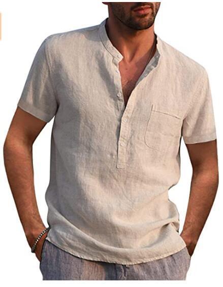 Men Linen Short-Sleeved Stand Collar Buttoned Half-Open Shirt