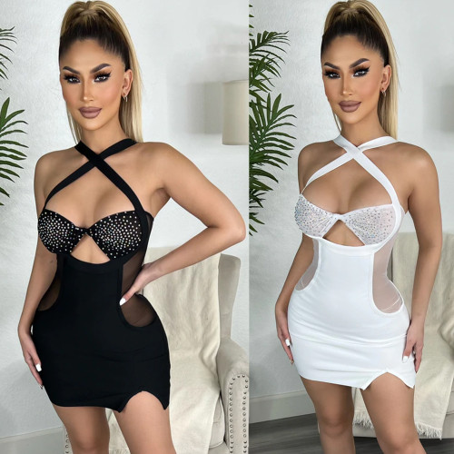 Rhinestone Mesh Sexy Club Wear Mini Dress