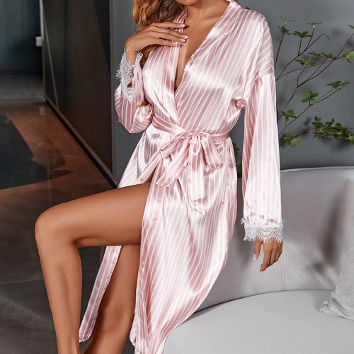 Stain Cardigan Nightgown Lace Pink Striped Bathrobe
