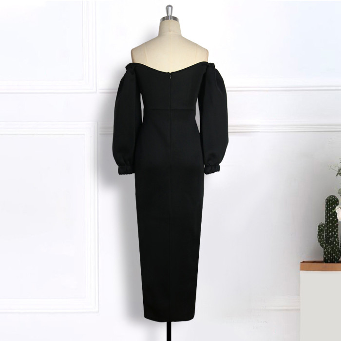 Long Sleeve Solid Color Split Fall Winter V Neck Casual Sexy Party Puff Sleeve Maxi long Dress