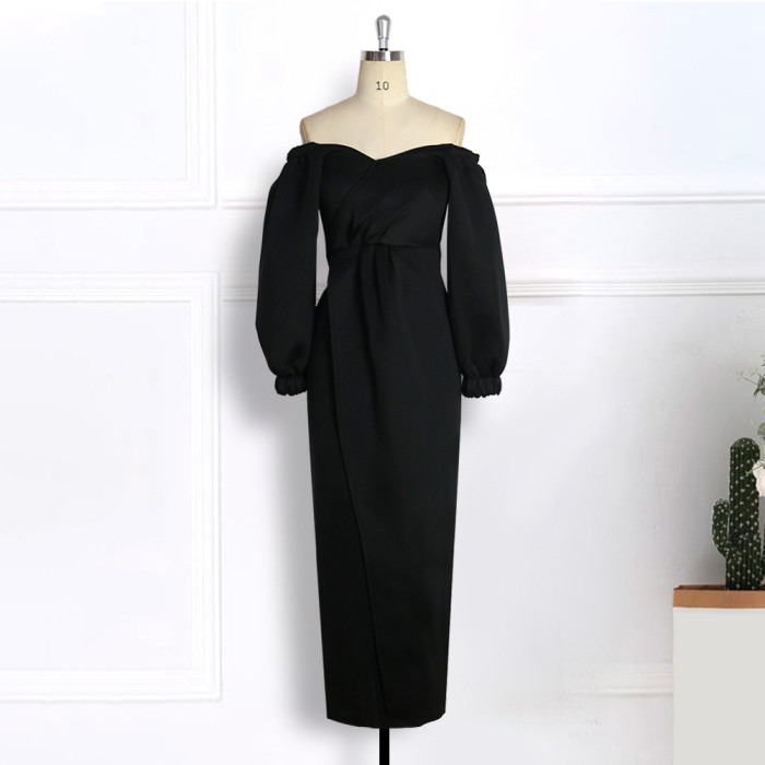 Long Sleeve Solid Color Split Fall Winter V Neck Casual Sexy Party Puff Sleeve Maxi long Dress