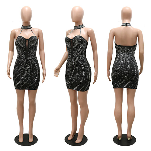 Hot Drilling Rhinestone Sexy Clubwear Mini Dress