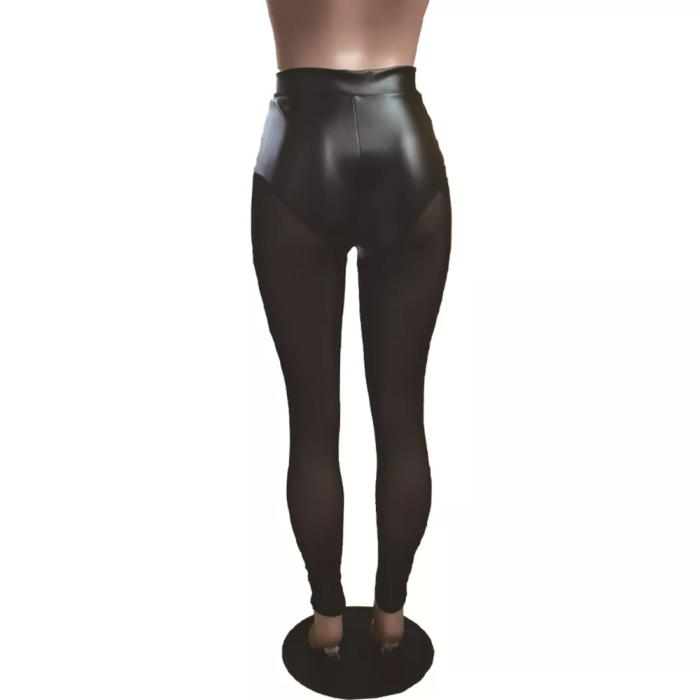 See Through Mesh Patchwork Leather Sexy Pants