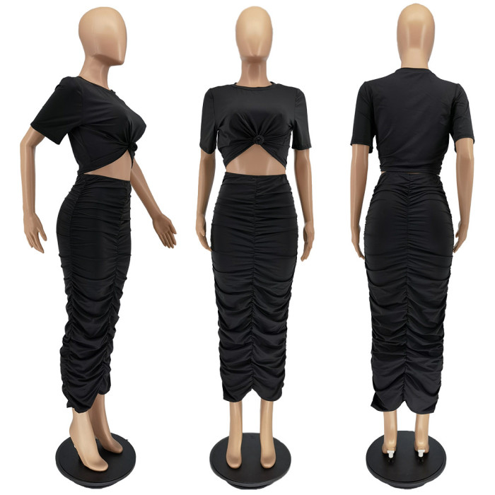 Solid pleated Short Sleeve Long Skirt two piece Set