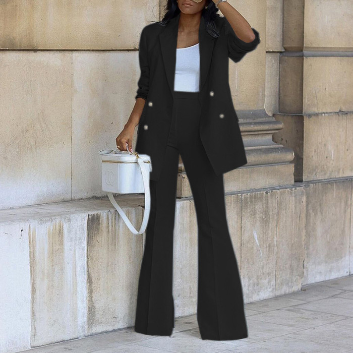 Business Women Professional Solid Blazer And Pants Two Piece Set