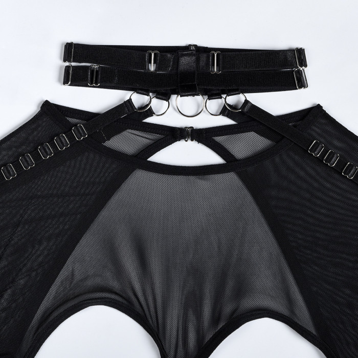 Fashion Sexy Long Sleeve Mesh Belt Splicing Four Piece Underwear Set