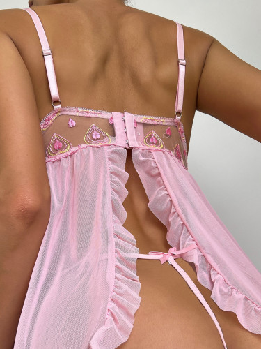 Pink Sexy Love Embroidered Mesh Nightdress