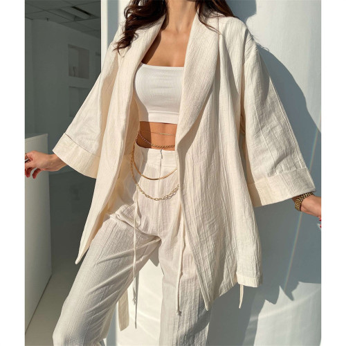 Women's Set Long Sleeve Open Stitch Shirt and Wide Leg Pants Elegant Two Piece Set