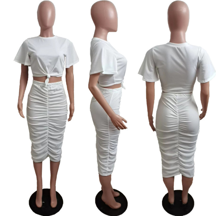Women's Pleated Casual Style Solid Short Sleeve Two Piece Skirt Set 