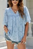 Flower texture Flare Sleeve Shirt V-neck Chiffon Top