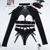 Fashion Sexy Long Sleeve Mesh Belt Splicing Four Piece Underwear Set