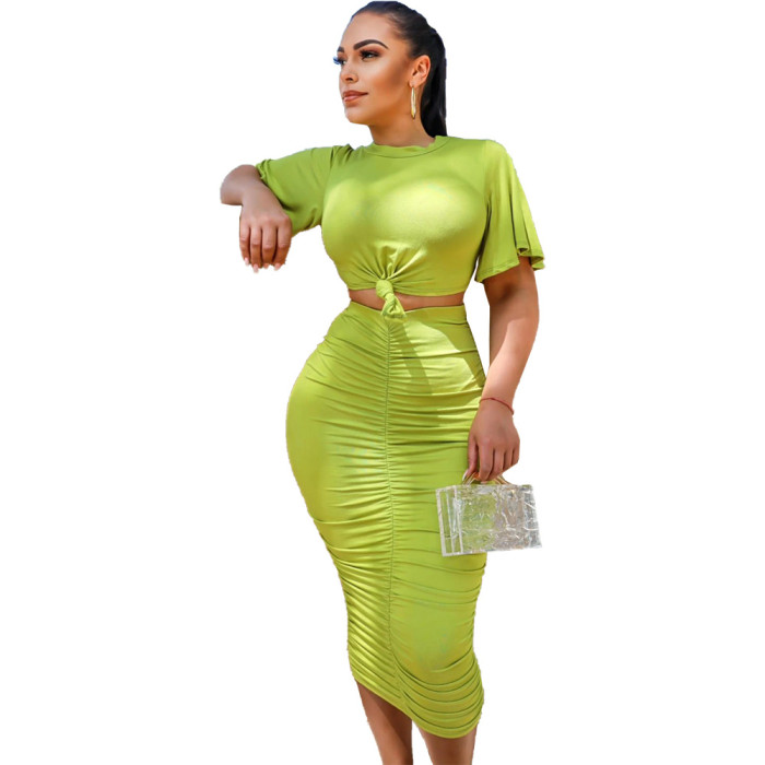 Women's Pleated Casual Style Solid Short Sleeve Two Piece Skirt Set 