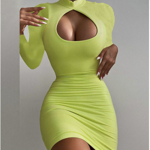 Women's Sexy Wrapped Solid Color High Waist Hollow Out Dress