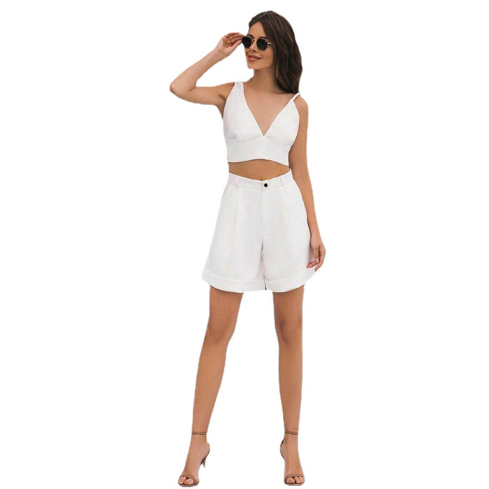 Solid Two Piece Strapless Top High Waist Shorts