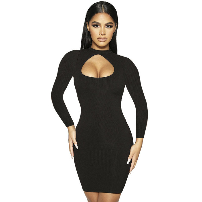 Women's Sexy Wrapped Solid Color High Waist Hollow Out Dress