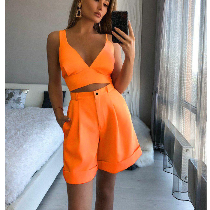Solid Two Piece Strapless Top High Waist Shorts