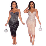 Women Summer Sexy Straps Mesh Rhinestone Dress