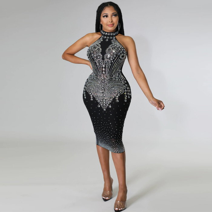 Tight Fitting Beaded Diamond Women's Nightclub Dress