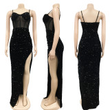 Sling Sequin Mesh Splicing Irregular Split Dress