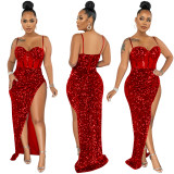 Sling Sequin Mesh Splicing Irregular Split Dress