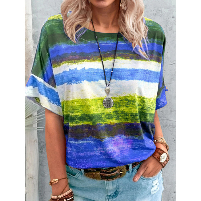 Women Casual Short Sleeve T Shirt ladies Summer Gradient Contrast Color Casual Cute Pullovers Blouse Top Shirt
